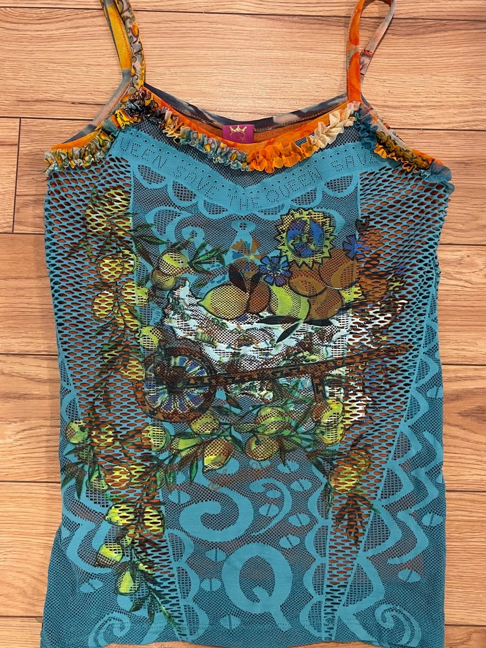 Save The Queen Y2K Turquoise Floral Mesh sleeveless Cami with Orange Trim medium - Picture 5 of 11